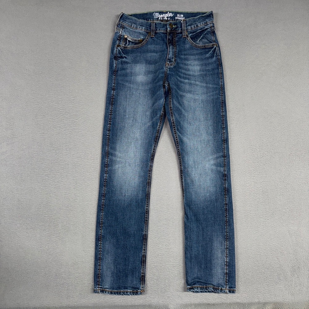 Wrangler Retro Jeans Mens 30x34 Blue Slim Straight Stretch Distressed Denim